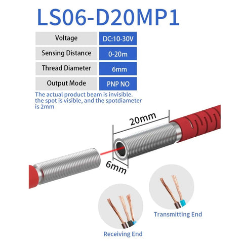 Diagram of Miniature Laser Photoelectric Through Beam Sensor M06 08 12 To 24V DC NPN PNP Small 2mm Optical Switch with dimensions.