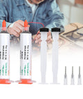 Two 50g Solder Paste Syringes Sn42 Bi58 Tin Bismuth Soldering Flux For SMD PCB Electronics Repair Colorless With Low Smoke And No Irritating Odor Total Weight 100g shown with additional nozzles in a workshop setting.