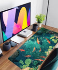 Blue Waters Desk Pad For Gaming And Work, Mega Extra Large 31.5 By 15.7 Inches, extended desk mat with koi design on a desk setup