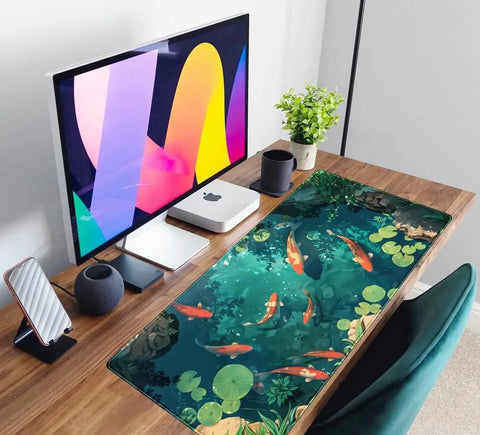 Blue Waters Desk Pad For Gaming And Work, Mega Extra Large 31.5 By 15.7 Inches, extended desk mat with koi design on a desk setup