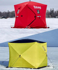 Red and yellow ice fishing shelters set up on a frozen lake using Ice Anchor Tool Kit For Ice Fishing Shelter Setup With Drill Bit Adapters For Half Inch And Quarter Inch Bits Four Tent Nails And One Impact Socket For Fast Easy Shelter Installation.