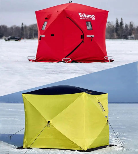 Red and yellow ice fishing shelters set up on a frozen lake using Ice Anchor Tool Kit For Ice Fishing Shelter Setup With Drill Bit Adapters For Half Inch And Quarter Inch Bits Four Tent Nails And One Impact Socket For Fast Easy Shelter Installation.
