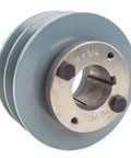 Heavy Duty Cast Iron 4 Inch Dual Groove Pulley For 5L B Section Belts With 1-1/4 Inch Shaft Bore And Included Bushing 2 Piece Set Built Tough For Industrial Machinery, image showing pulley front view with flange and groove details