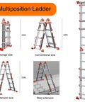 Beefy 14 Foot A Frame 4 Step Folding Ladder With Anti Slip Rungs Multi Position Aluminum Telescoping Ladder 330 Lb Weight Capacity Indoor Outdoor Home Roof Access Portable Storage shown in A-frame and extension sizes