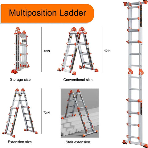 Beefy 14 Foot A Frame 4 Step Folding Ladder With Anti Slip Rungs Multi Position Aluminum Telescoping Ladder 330 Lb Weight Capacity Indoor Outdoor Home Roof Access Portable Storage shown in A-frame and extension sizes