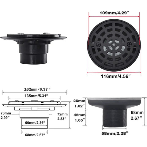 Round Shower Drain Kit Matte Black With Adjustable Base Flange 4 Inch Drain Cover With Threaded Adapter Dimensions