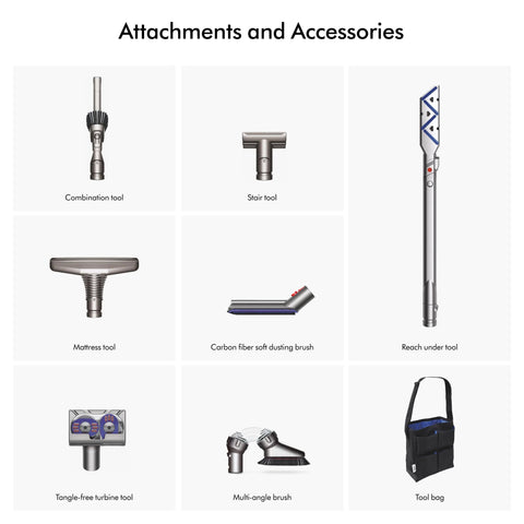 Nine Dyson vacuum attachments: combination, stair, reach-under, mattress, carbon fiber dusting brush, turbine, tool bag.