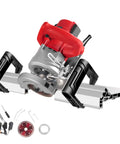 Heavy Duty 1800 Watt Electric Tile Bevel Cutter With 43 Degree Chamfering And Water Cooled Setup For Flawless Ceramic Cuts, showing dual handles and cutting blade.