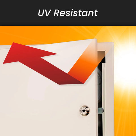 Rock Solid 12 x 12 Inches White Galvanized Steel Access Panel For Drywall shown with UV resistant feature highlighted.