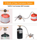 Portable Camping Gas Stove With 1Lb Propane Tank Adapter and EN 417 canisters option showing fuel connection setup.