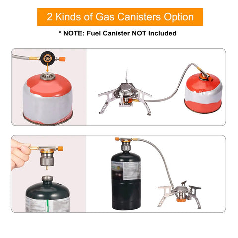 Portable Camping Gas Stove With 1Lb Propane Tank Adapter and EN 417 canisters option showing fuel connection setup.