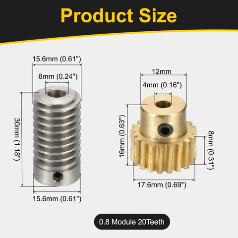 Worm gear set: silver steel worm with 6 mm bore and brass 20‑tooth gear with 4 mm bore for 1:20 reduction.