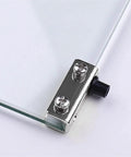 Close-up of up and down shaft glass door hinge for cabinets and furniture, showing sleek silvery finish and durable metal construction.