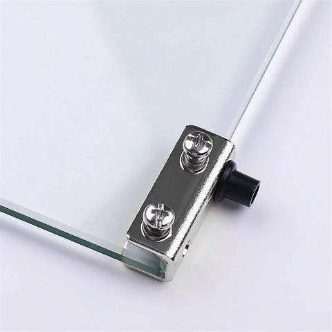 Close-up of up and down shaft glass door hinge for cabinets and furniture, showing sleek silvery finish and durable metal construction.
