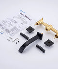 Matte Black Solid Brass Wall Mount Bathroom Faucet With Dual Lever Handles 8 Inch Center Wall Mounted Sink Faucet Rough In Valve Included Drip Free Brass Cartridge Leak Tested For Durability kit with parts and manual shown.