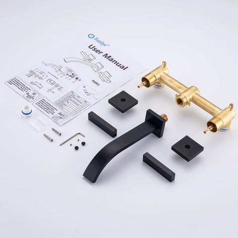Matte Black Solid Brass Wall Mount Bathroom Faucet With Dual Lever Handles 8 Inch Center Wall Mounted Sink Faucet Rough In Valve Included Drip Free Brass Cartridge Leak Tested For Durability kit with parts and manual shown.