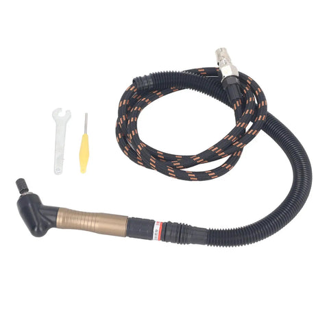 Heavy Duty Air Micro Die Grinder Kit With Rotary Switch Whips Up To 23500 Rpm, featuring flexible hose, wrench, and polishing tool.