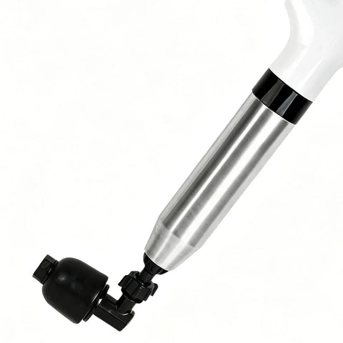 Clear Out Messy Blockages No Sweat With This Rechargeable Electric Plunger Built For Toilets Sinks And Floor Drains Plus An Ergonomic Grip That Makes Heavy Duty Work Smooth, showing the plunger's black tip and shiny metal body.