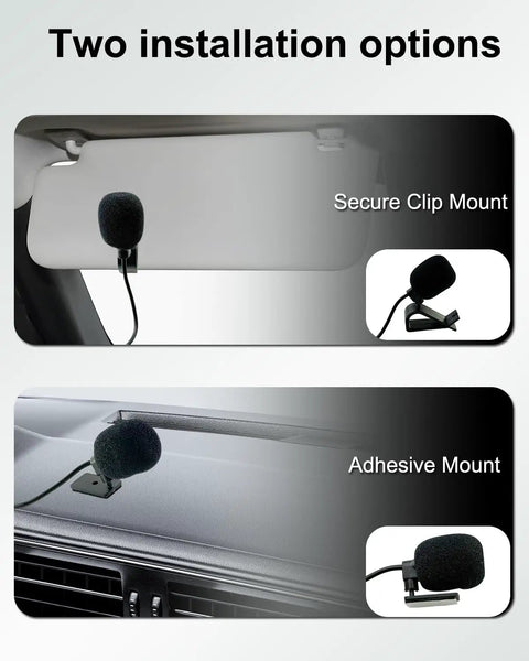 Universal Car Radio Microphone Replacement 3.5mm HD Voice Mic showing clip and adhesive mount options in vehicle