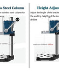Pro Grade Sturdy Floor Drill Press Stand Featuring Adjustable Vertical Sleeve And Beefy Steel Vice Tailored For Rock Solid Benchtop Precision Workstation Setup with stainless steel column and height adjustment details.