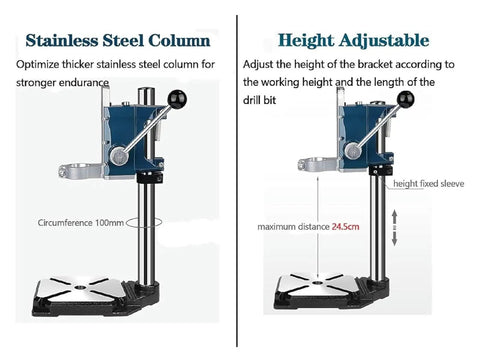 Pro Grade Sturdy Floor Drill Press Stand Featuring Adjustable Vertical Sleeve And Beefy Steel Vice Tailored For Rock Solid Benchtop Precision Workstation Setup with stainless steel column and height adjustment details.
