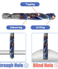 Side view of Mesee HSS tap drill bit with blue coating and hex shank for drilling, deburring and tapping.