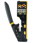 Pro Grade Pass Through Crimping Tool For RJ45 RJ12 RJ11 Connectors With Built In Pass Thru Blade, black and yellow handle, front view