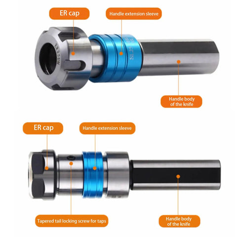 Duty Collet Chucks For Thread Milling Offer Floating Compensation With 5 mm Adjustment For Precise Mechanical Assembly And Metalworking Jobs Without Breaking Taps Or Tools In Busy Workshops, features ER cap and handle extension.