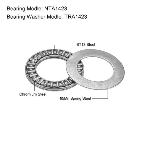 Thrust Needle Roller Bearing With Washers Seven Eighth Inch Bore One And Seven Sixteenth Inch Outer Diameter Five Sixty Fourth Inch Width Chrome Steel Rollers Steel Cage For Heavy Duty High Load Durability And Low Friction Quiet Operation, showing bearing model NTA1423 and washer model TRA1423.