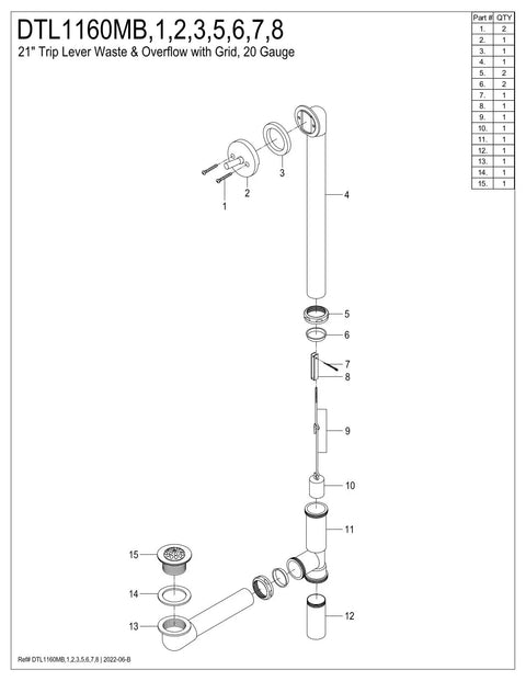 21 Inch Matte Black Trip Lever Waste And Overflow Drain For Bathtub Heavy Duty Brass Grid Build components diagram.