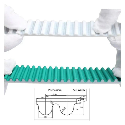 Heavy Duty Htd 5M Polyurethane Timing Belt, showing teal and white open design for custom cuts, ideal for 3D printers and CNC rigs.