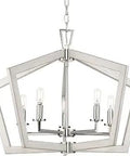 Five Light Modern Farmhouse Chandelier In Brushed Nickel With Grey Washed Oak Accents, Open Frame Design, Front View