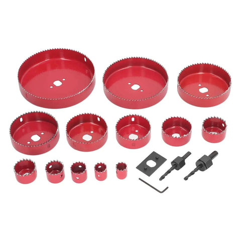 Heavy Duty 17 Pc Hole Saw Kit With Bi Metal Drill Bits For Woodworking And Metal Cutting Jobs Featuring Smooth Stable Operation To Slice Through Plastic Steel Fast Without Vibration Or Hassle In A Handy Carrying Case., 17-piece red hole saw set with arbor and drill bits