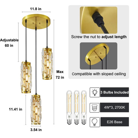Three Light Crystal Pendant Light Fixture With Bulbs Included Brushed Brass Island Pendant For Kitchen 60-Inch Adjustable Cord