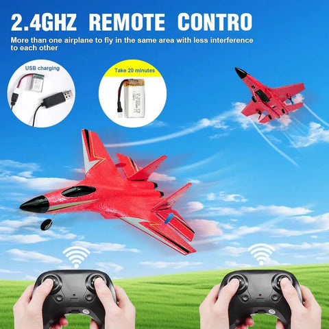 Su-27 RC Airplane With Gyro Stability, Rad 2 Channel Remote, Night Lights, in flight with controllers and charging kit