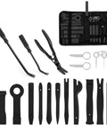 Straight Up 19 Piece Automotive Trim Removal Tool Set Featuring Hella Tough Nylon Panel Pry Bars And Dash Clip Extractors With A Roomy Carry Bag showing various black trim removal tools.