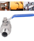 Built Like A Tank 304 Stainless Steel Ball Valve 3/4 Inch Npt Male Thread Featuring Heavy Duty Kickass Seals And A Rock Solid 1000 Wog Rating For Daily Plumbing Jobs in focus with blue lever.