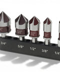 Premium Countersink Drill Bit Set With 82 Degree, Five Flutes, Quick Change Hex Shank, Sizes From One Quarter To Three Quarter Inch