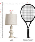 Super Cool Rustic Table Lamp Set Of Two With Vintage Farmhouse Vibes next to 27-inch tennis racket for size comparison.