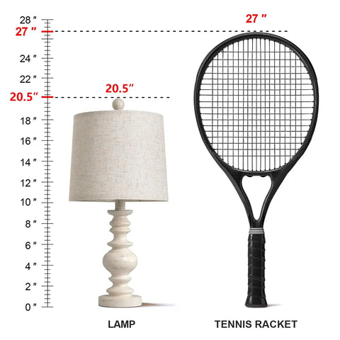 Super Cool Rustic Table Lamp Set Of Two With Vintage Farmhouse Vibes next to 27-inch tennis racket for size comparison.