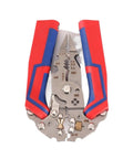 Close-up of 13-In-1 Foldable Wire Stripper With Voltage Tester Electric Cable Cutter Scissors in red and blue handles.