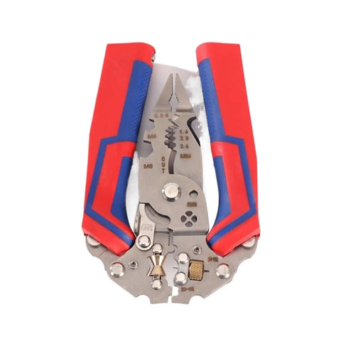 Close-up of 13-In-1 Foldable Wire Stripper With Voltage Tester Electric Cable Cutter Scissors in red and blue handles.