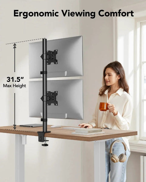 Vertical Dual Monitor Mount For Two 17 To 32 Inch Screens With Height Adjustable Arms And C Clamp on desk
