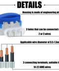 Front view of blue and white 3-hole IDC boundary wire connector for outdoor use, accepts 0.5–1.5 mm wires