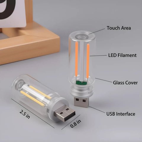 Diagram of Two Pack USB Car Lights, Touch Dimmable Retro Glass Bottle LED Night Lights with labels for features.