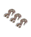 Three G70 1/4 inch chain hooks for crane trailer truck transport, zinc finish, alloy steel, load limit 3600 lbs, secure rigging