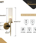 Mid Century Modern Gold Wall Light With Cylinder Glass Shade Brushed Brass Finish Long Wall Sconce For Vintage Bathroom And Hallway Mount Lamp With Lit Glow And Classic Vibe, 17.3 inches tall