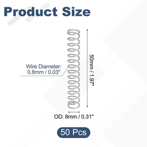 Stainless Steel Compression Springs Set, 50 PCS, 0.8mm Wire, 8mm Outer Diameter, 50mm Free Length