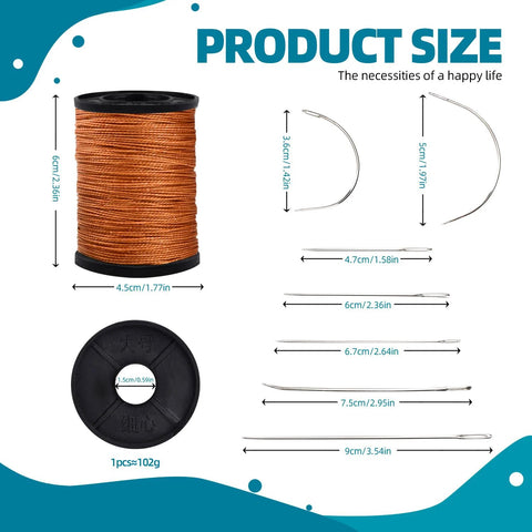 Topus upholstery repair thread kit with orange nylon thread spool and 7 styles of leather/canvas needles