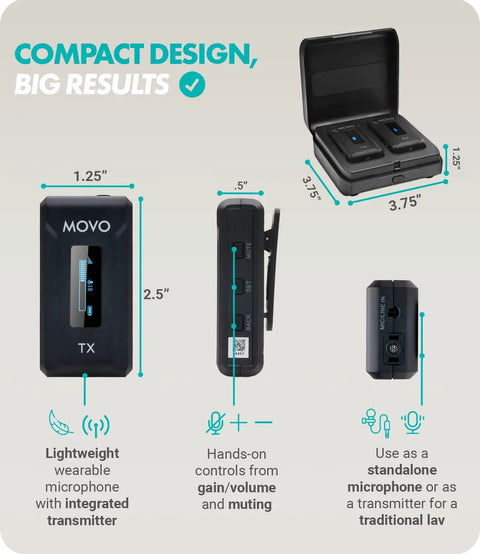 WMX-2 Wireless Camera Microphone With Charging Case for DSLR, product dimensions and features overview graphic.